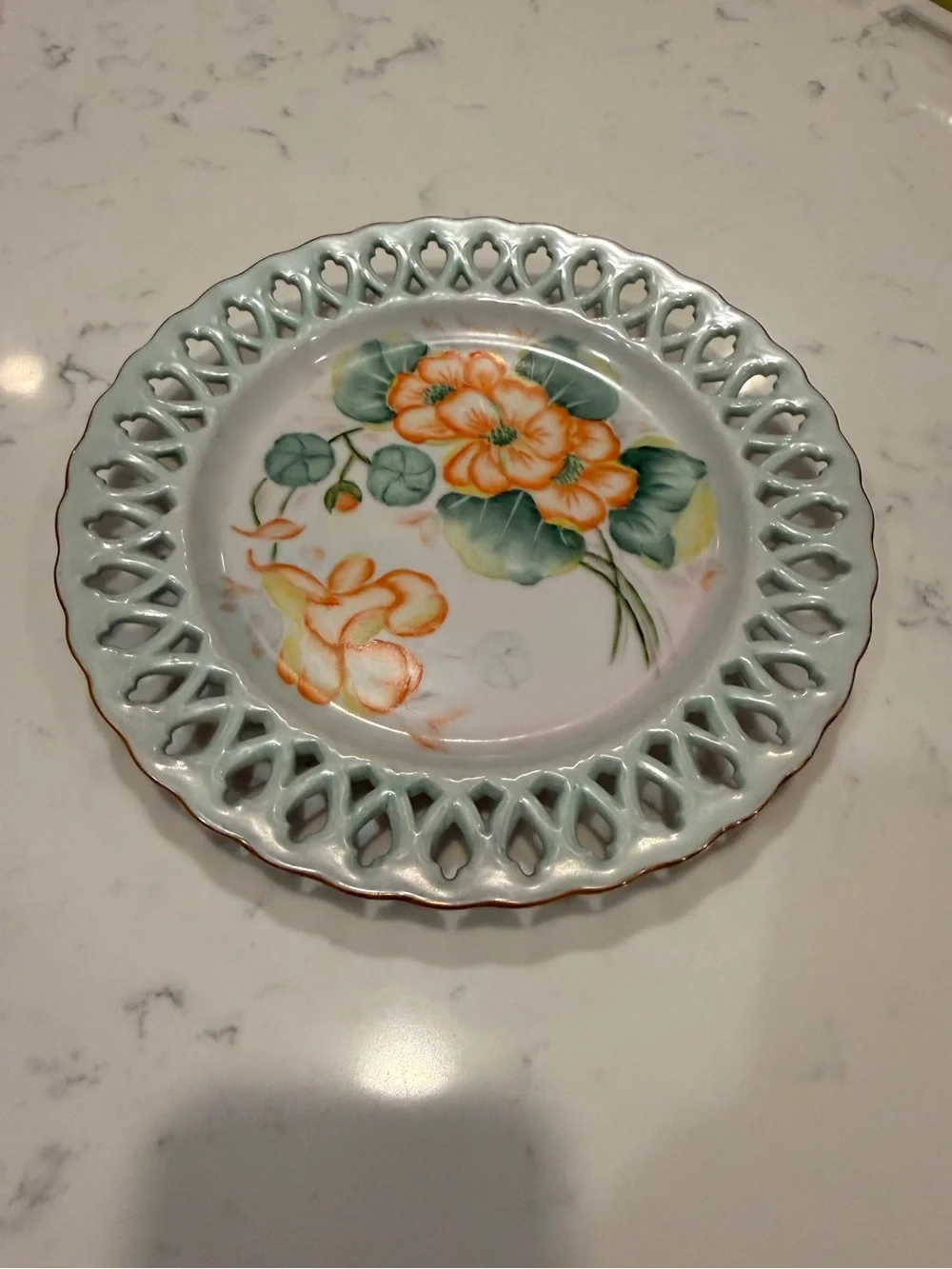 Vintage 1968 Hand Painted Floral Porcelain Plate Pierced Rim Dorothy Glover